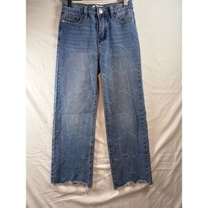 Fashion Nova Kids Heart Pattern Wide Leg Jeans Blue Denim Frayed‎ Hem Sz 8